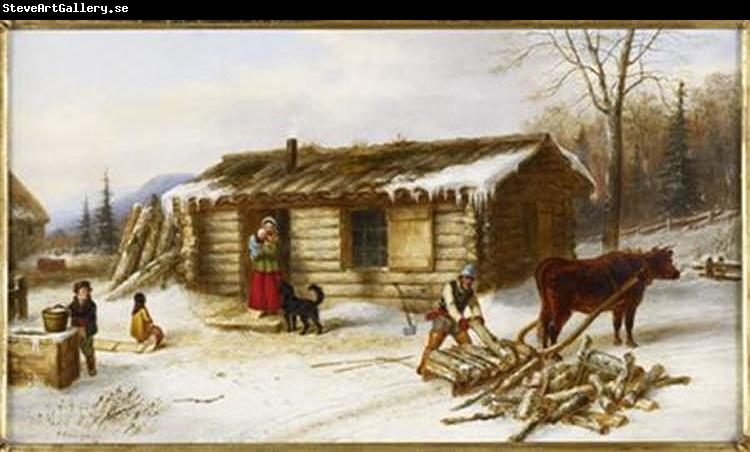 Cornelius Krieghoff Chopping Logs Outside a Snow Covered Log Cabin